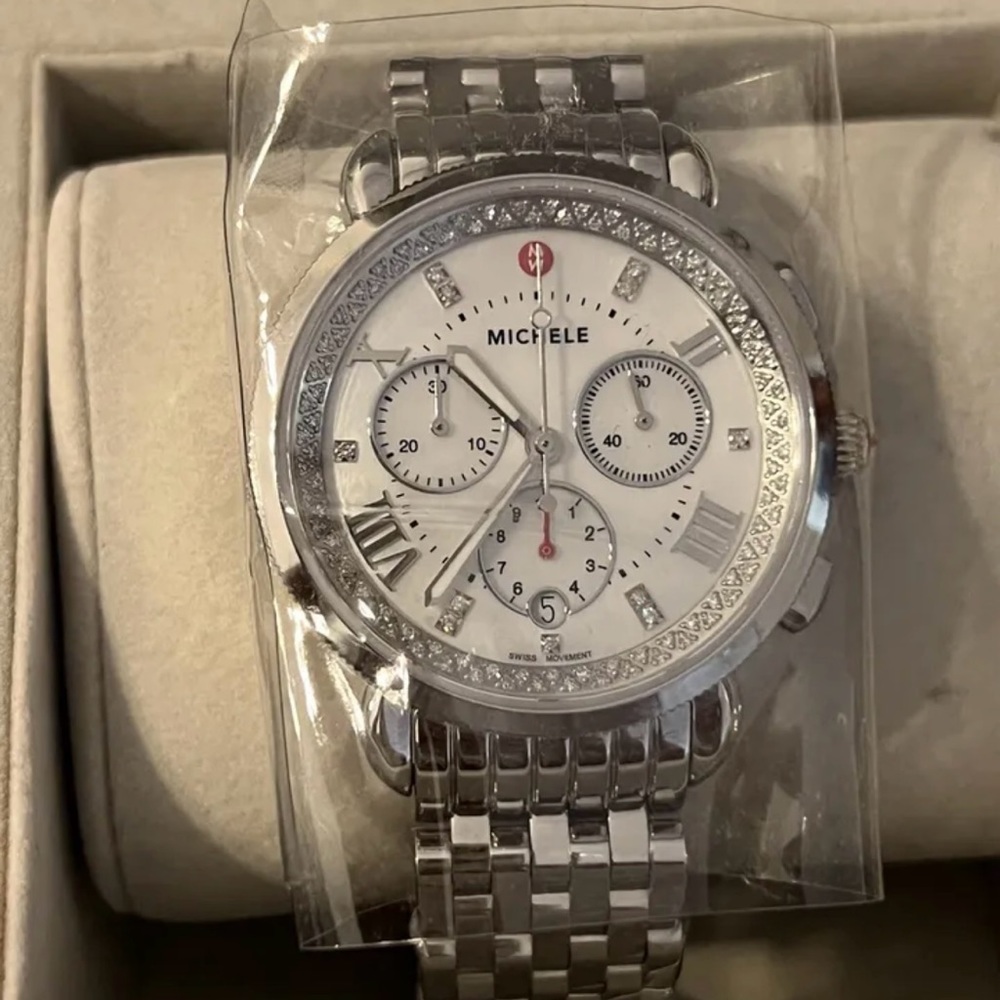 NEW Michele Silver Sporty Sport Sail Diamond Chronograph Watch MWW01C000141 NIB